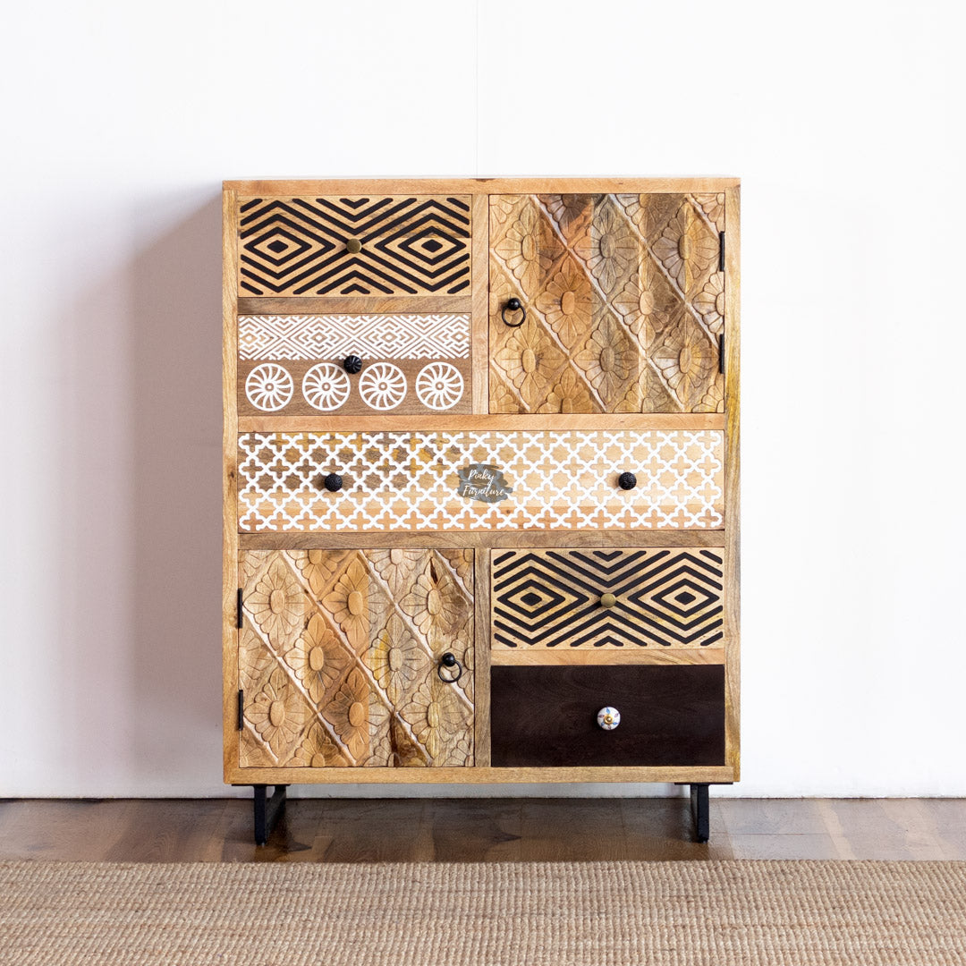 Boho Handcrafted Wooden Cabinet – Mixed Pattern Drawer Chest - AB25AP-1-10