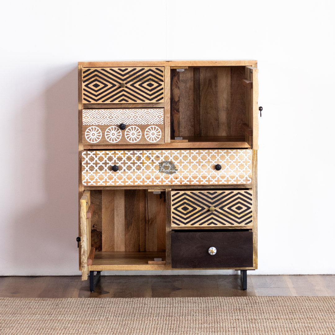 Boho Handcrafted Wooden Cabinet – Mixed Pattern Drawer Chest - AB25AP-1-10