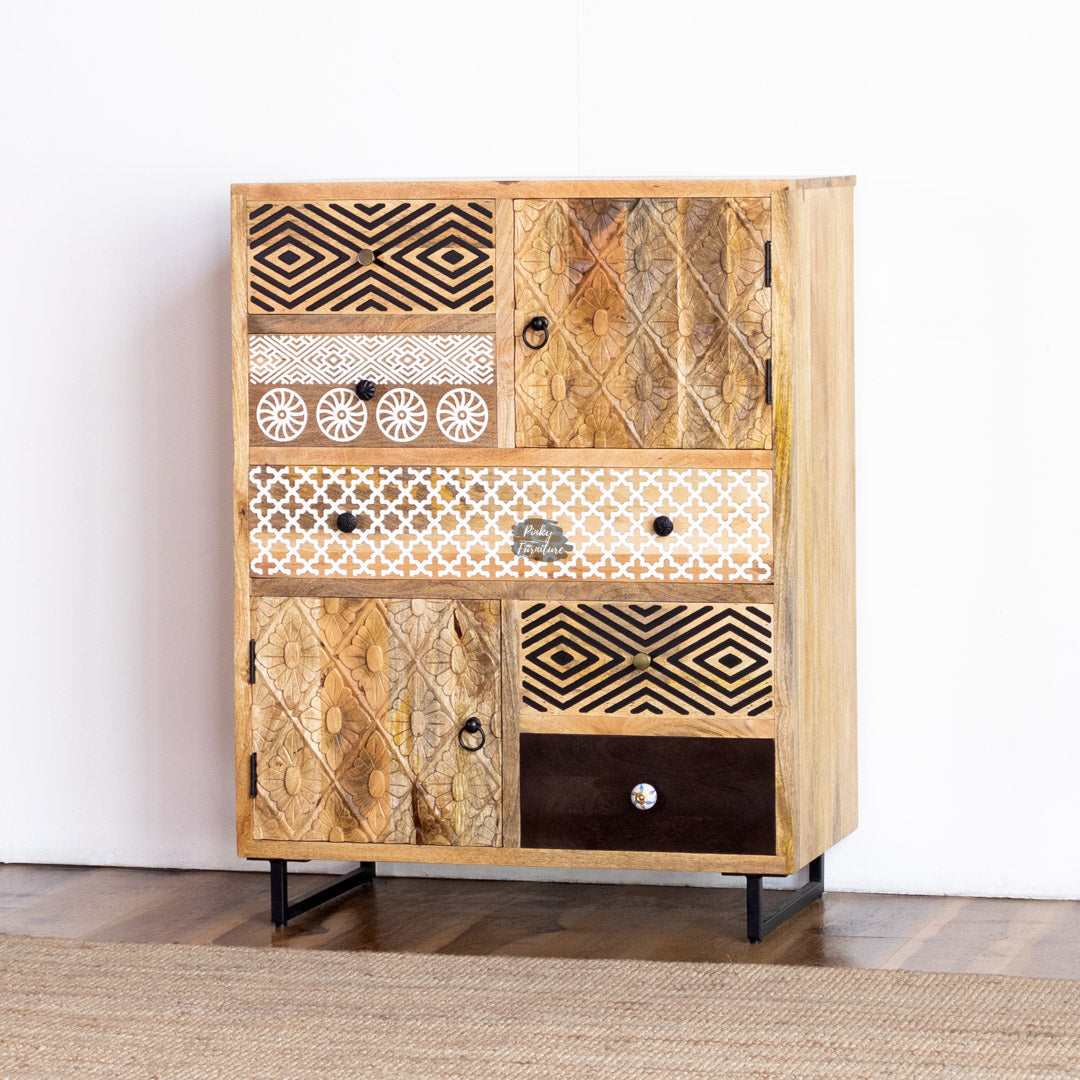 Boho Handcrafted Wooden Cabinet – Mixed Pattern Drawer Chest - AB25AP-1-10