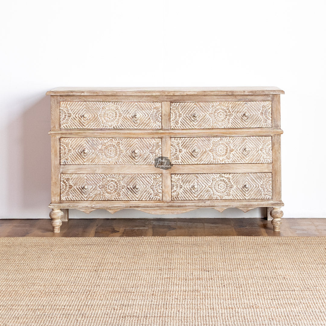 Hand-Carved Chest of Drawers – Floral Sunburst Design - AB25JN-1-8