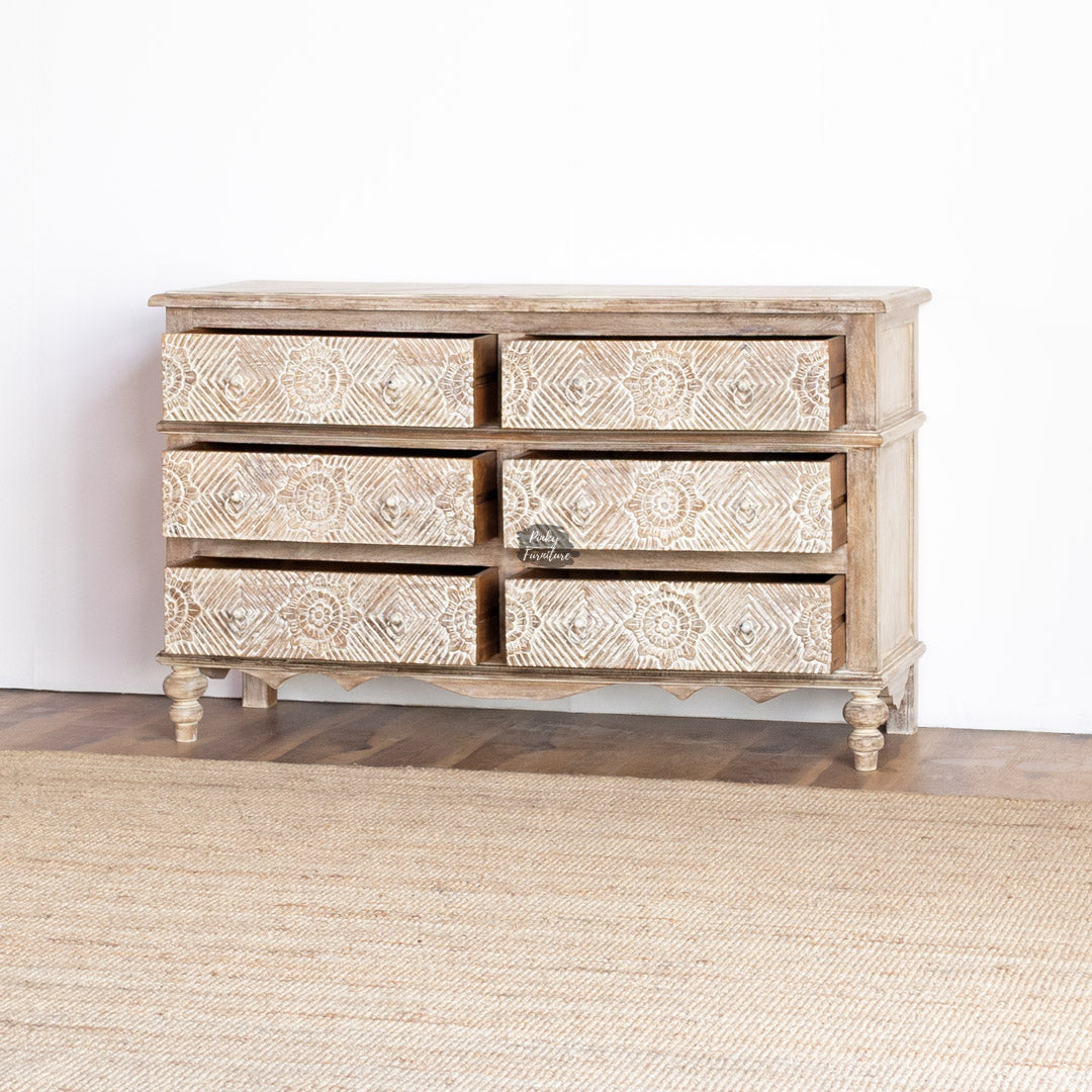 Hand-Carved Chest of Drawers – Floral Sunburst Design - AB25JN-1-8