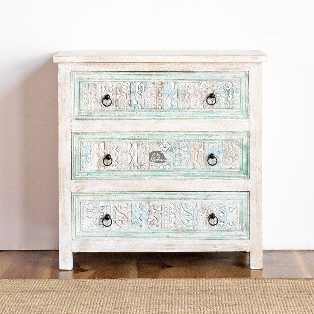 Vintage Carved Chest Of Drawers – Mint & White Finish - AB25JN-1-14