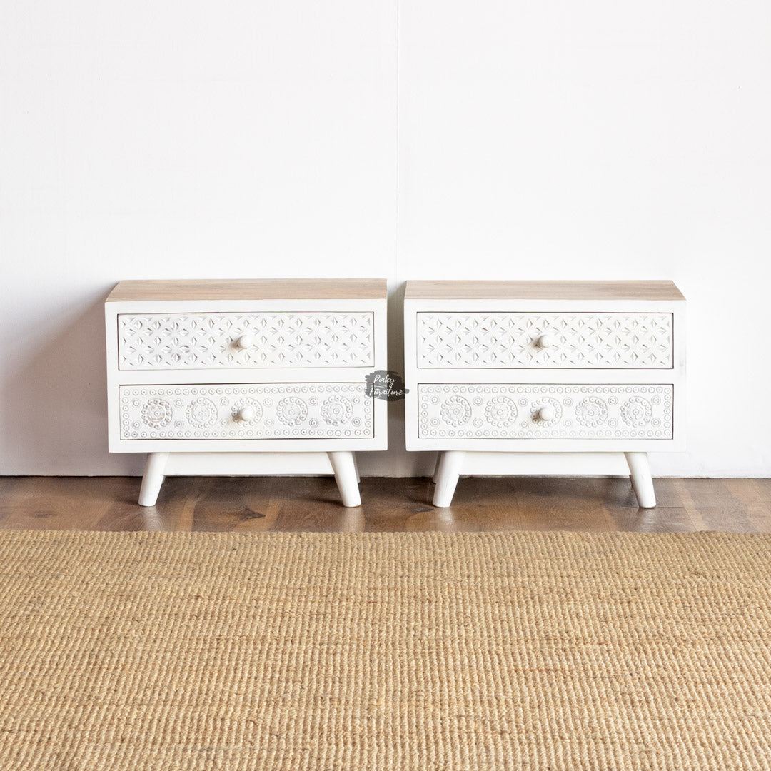 Nightstand Carved Design 2 Draw Set of 2