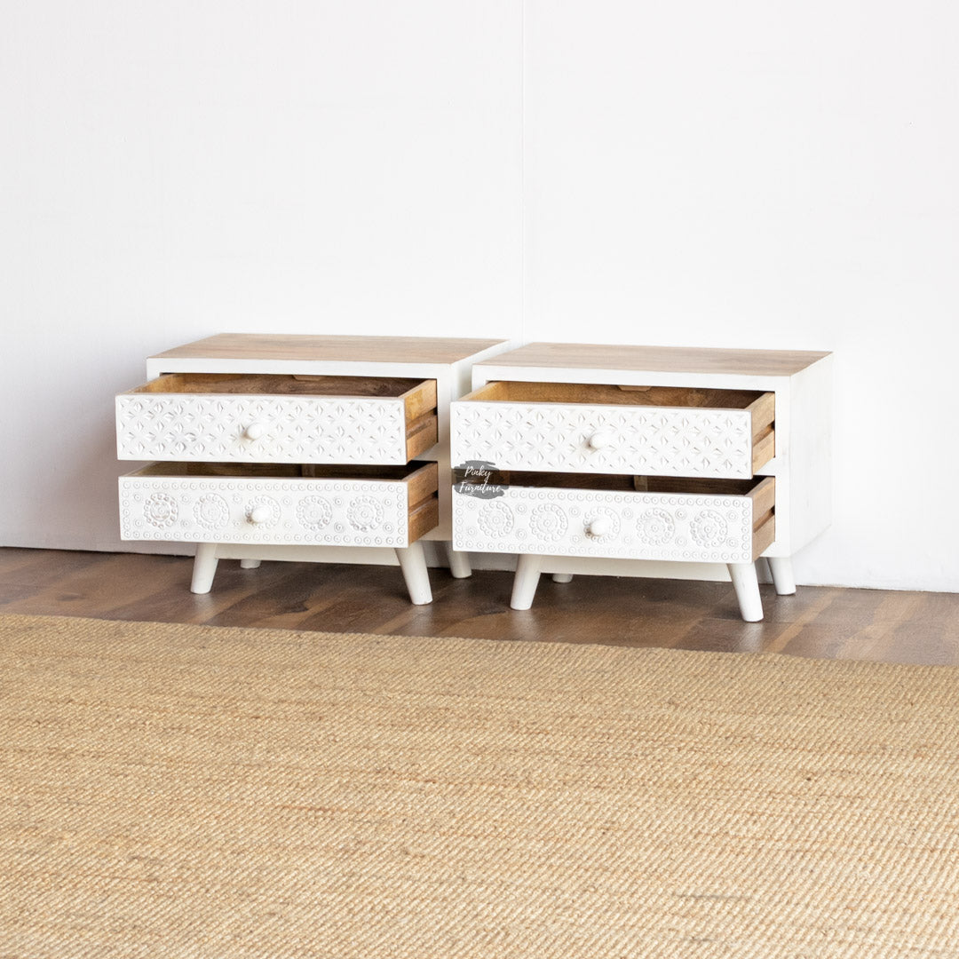 Nightstand Carved Design 2 Draw Set of 2