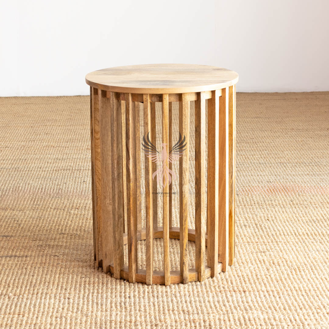 Side Table Round Wooden Strip Design