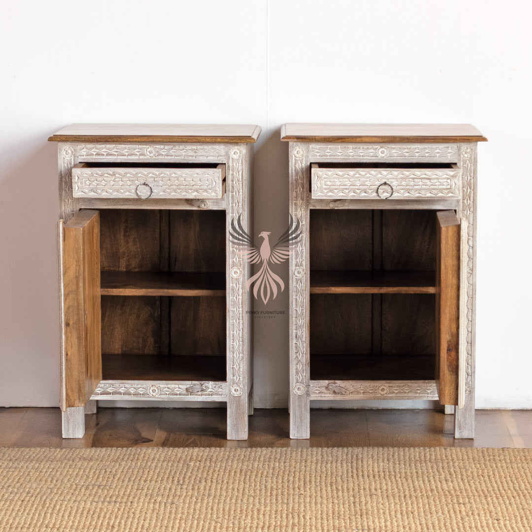 Bedside Table Carved 1 Door 1 Draw Set of 2
