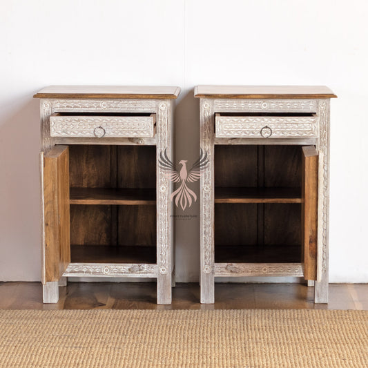 Bedside Table Carved 1 Door 1 Draw Set of 2