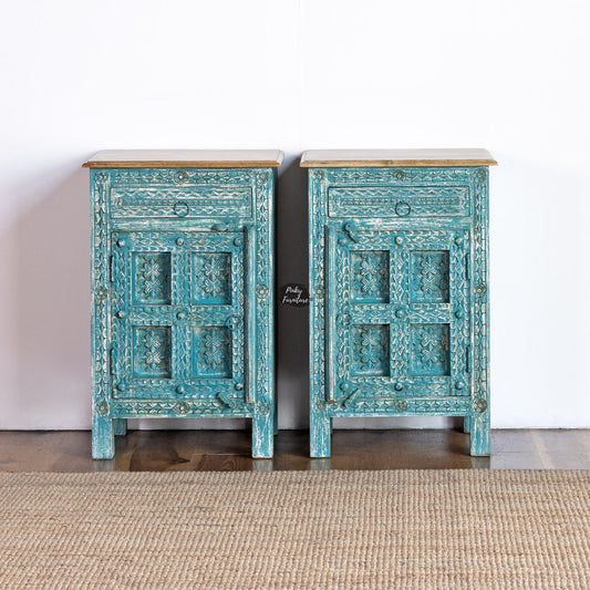 Bedside Table Carved 1 Door 1 Draw Set of 2