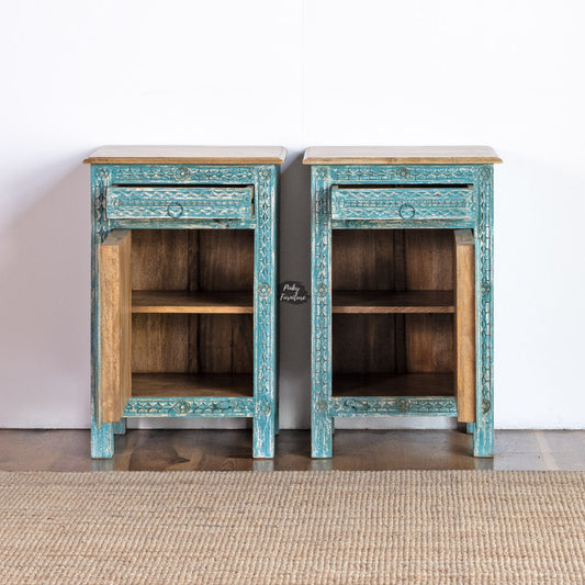 Bedside Table Carved 1 Door 1 Draw Set of 2