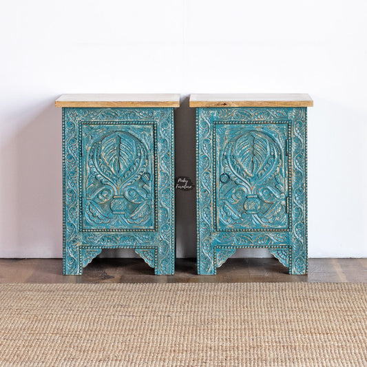 Bedside Table Carved 1 Door Set of 2