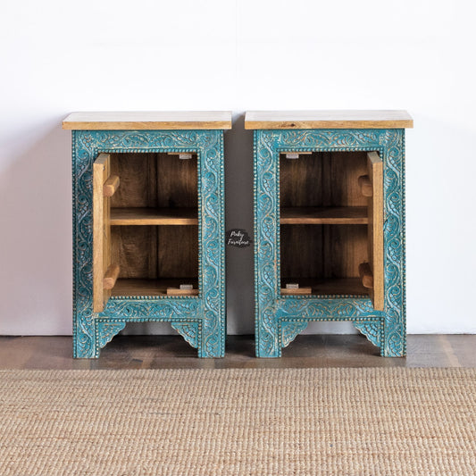 Bedside Table Carved 1 Door Set of 2