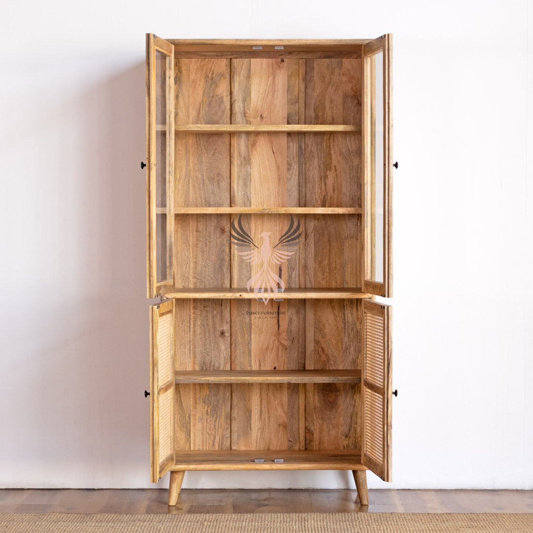 Wooden Cupboard Glass Door Rattan Design