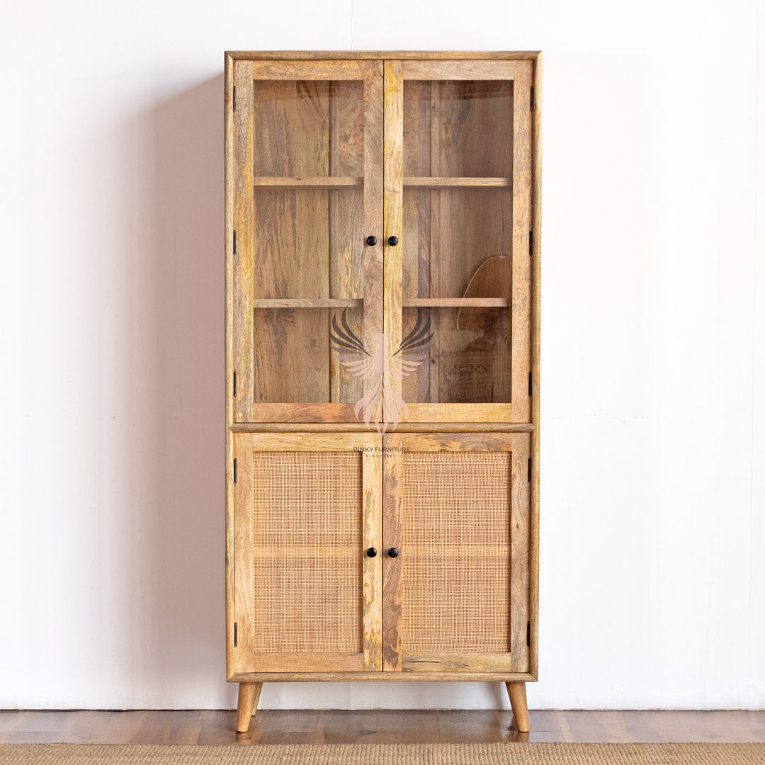 Wooden Cupboard Glass Door Rattan Design