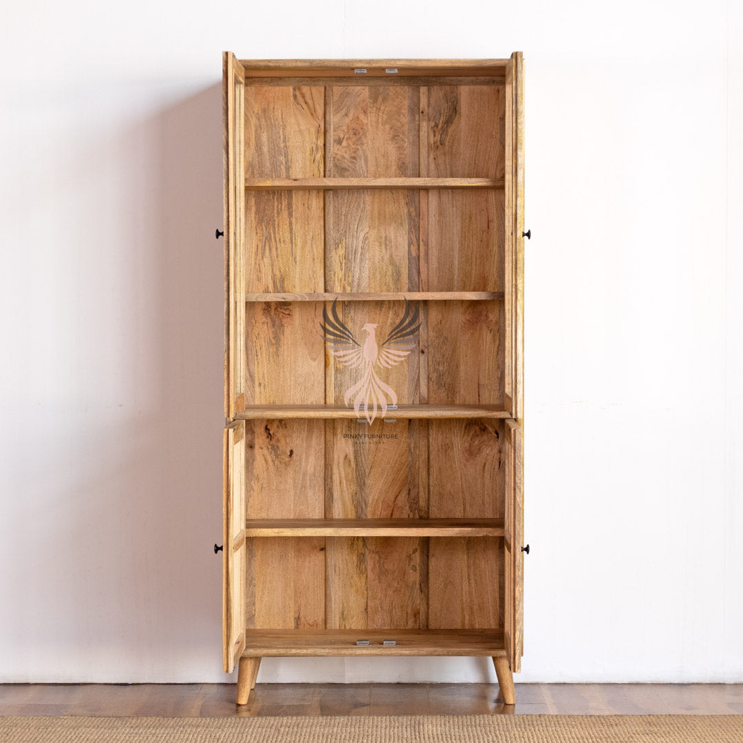 Wooden Cupboard Glass Door Rattan Design