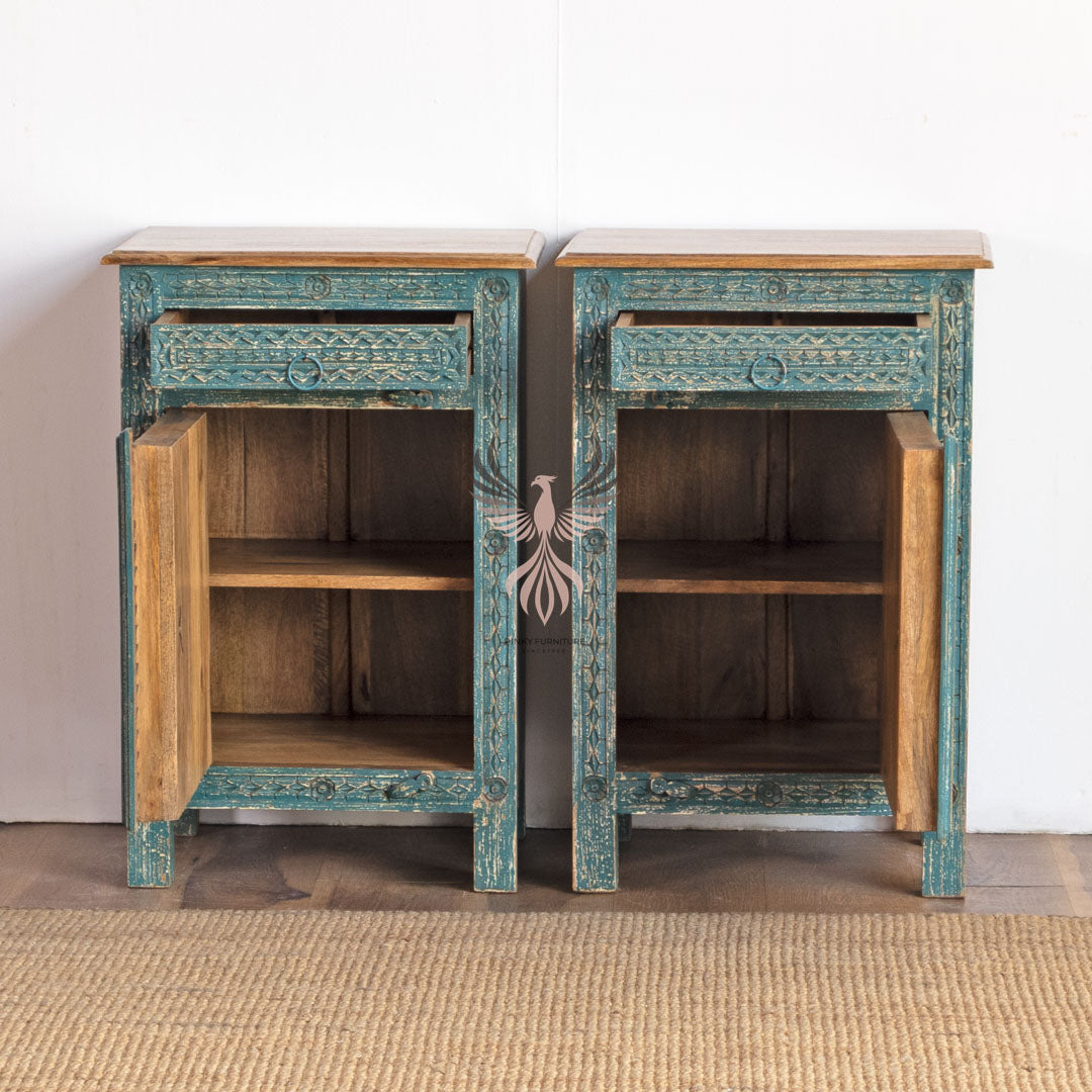Bedside Table Carved 1 Door 1 Draw Set of 2