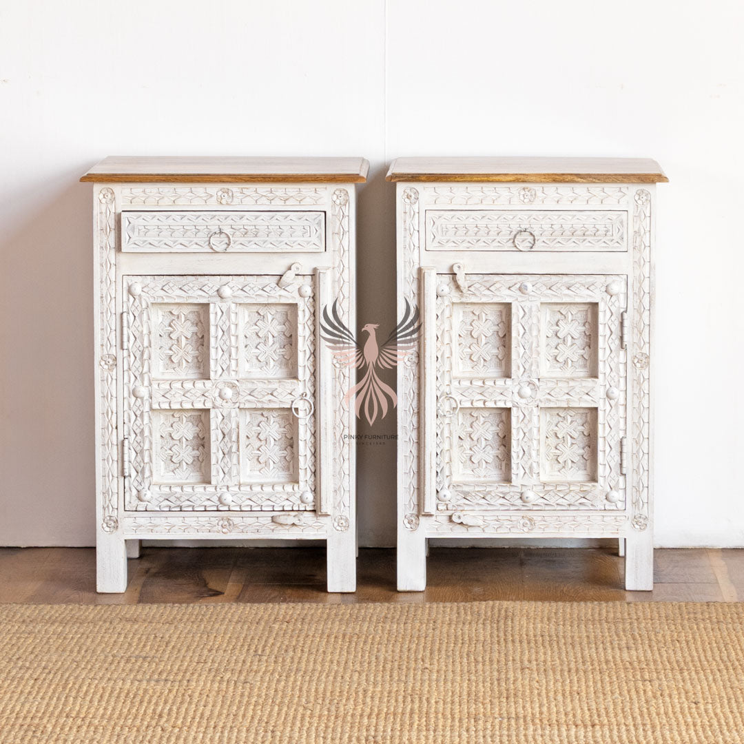 Bedside Table Carved 1 Door 1 Draw Set of 2