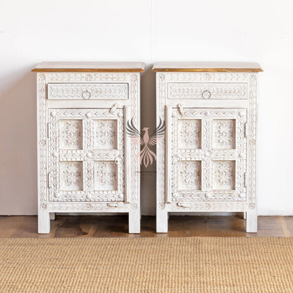 Bedside Table Carved 1 Door 1 Draw Set of 2