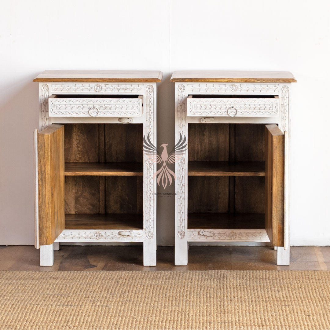 Bedside Table Carved 1 Door 1 Draw Set of 2