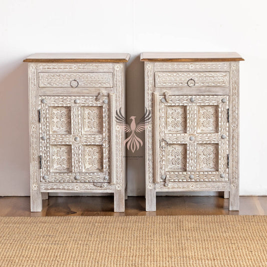 Bedside Table Carved 1 Door 1 Draw Set of 2