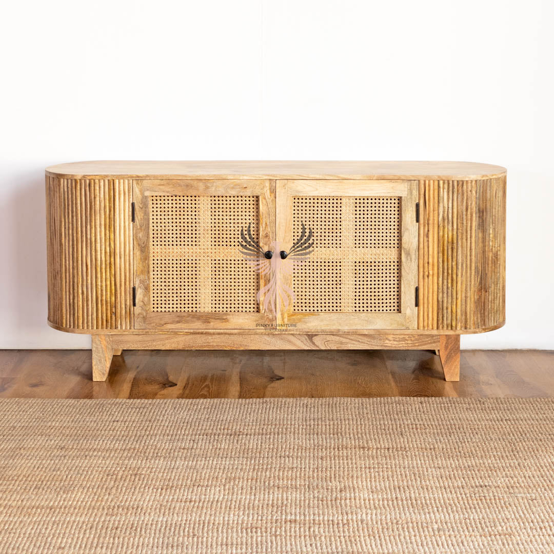 Wooden TV Cabinet Rattan and Ribbed Design