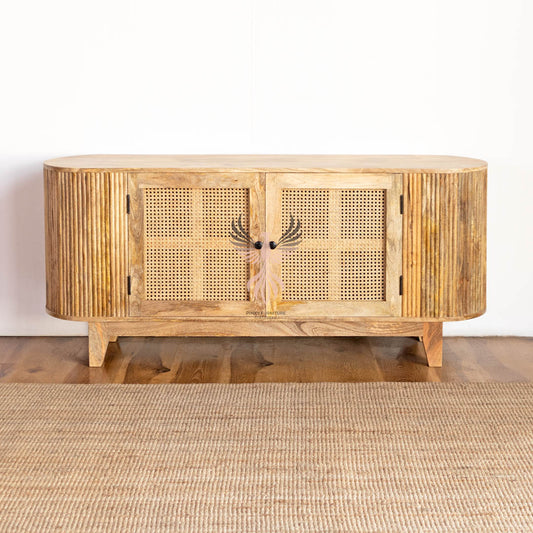 Wooden TV Cabinet Rattan and Ribbed Design