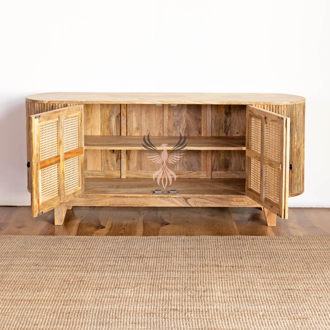 Wooden TV Cabinet Rattan and Ribbed Design