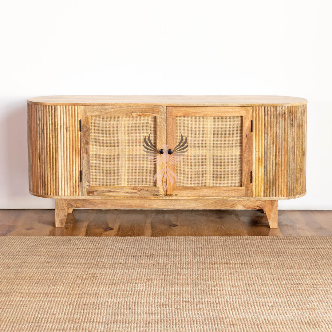 Wooden TV Cabinet Rattan and Ribbed Design