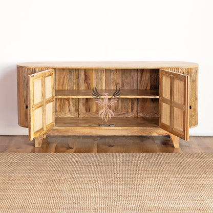 Wooden TV Cabinet Rattan and Ribbed Design